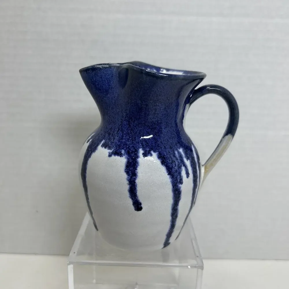 Vtg Holly Hill Pottery Seagrove NC Cream Pitcher Blue Drip Glaze Over White ARB